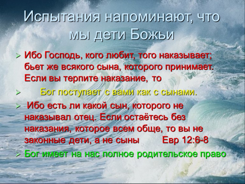 Испытания напоминают, что мы дети Божьи Ибо Господь, кого любит, того наказывает; бьет же